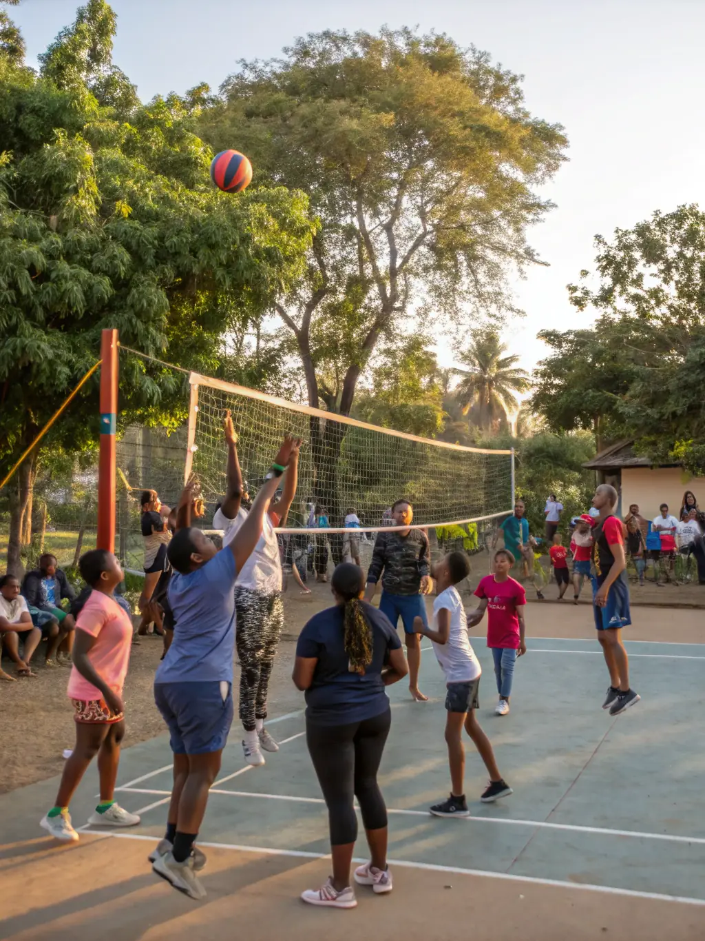 A diverse team of adults participating in a UNION SPORTIVE CHAUSSENACOISE volleyball game, showcasing teamwork, camaraderie, and inclusive participation.