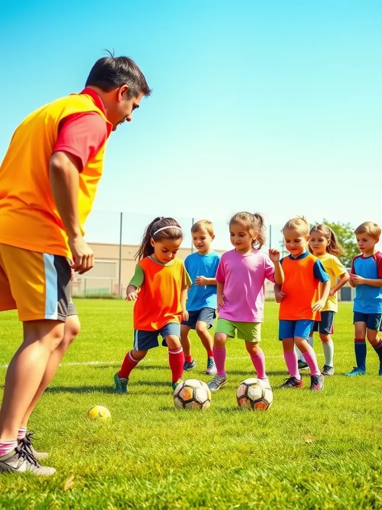 A group of children playing soccer on a sunny field, wearing sports uniforms, representing the youth soccer program at UNION SPORTIVE CHAUSSENACOISE.