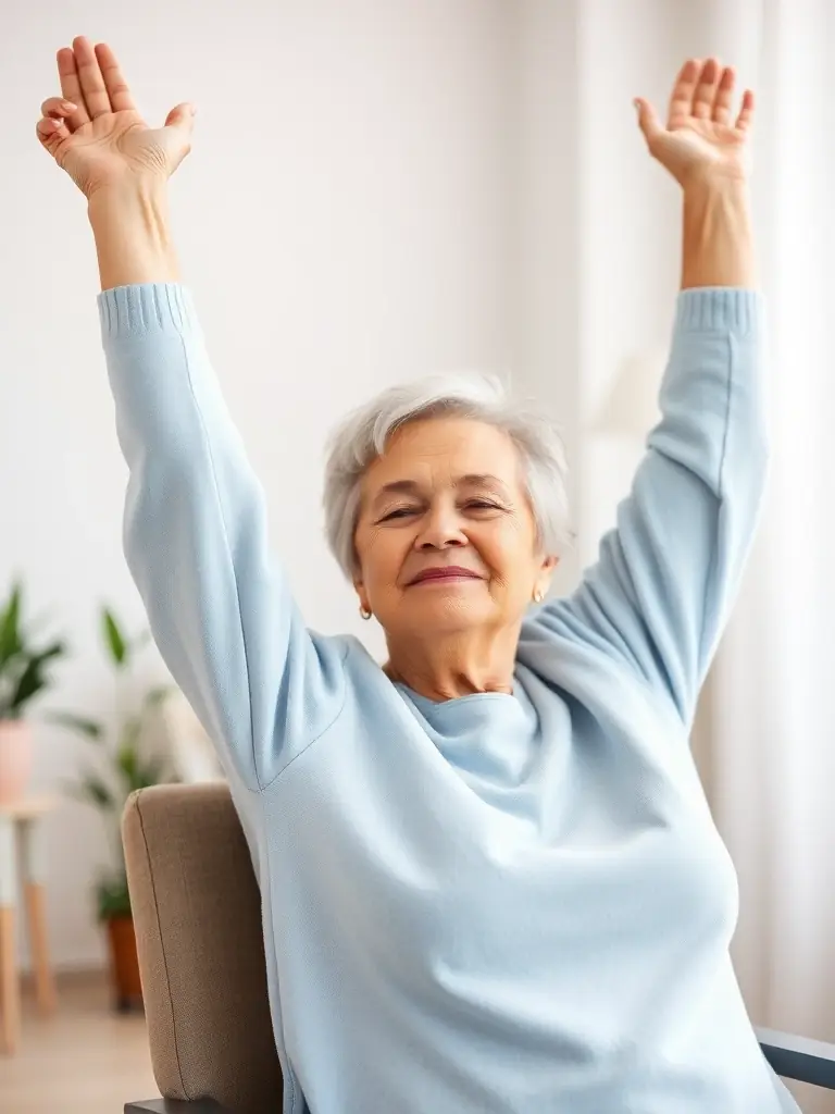 A senior citizen happily participating in a gentle exercise class organized by UNION SPORTIVE CHAUSSENACOISE, emphasizing health benefits and active aging.