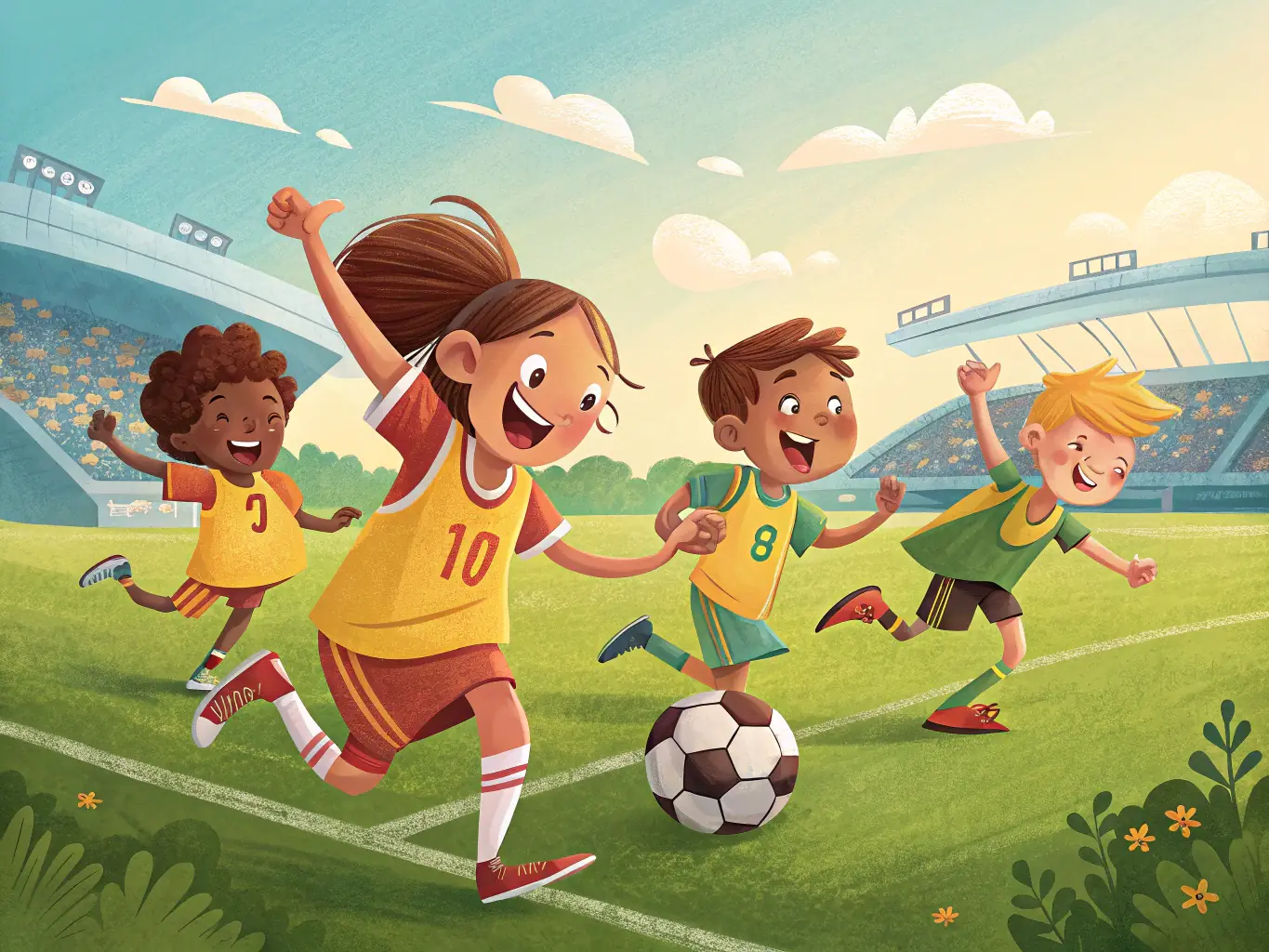 A vibrant image depicting children participating in a soccer clinic organized by UNION SPORTIVE CHAUSSENACOISE, showcasing teamwork and skill development.