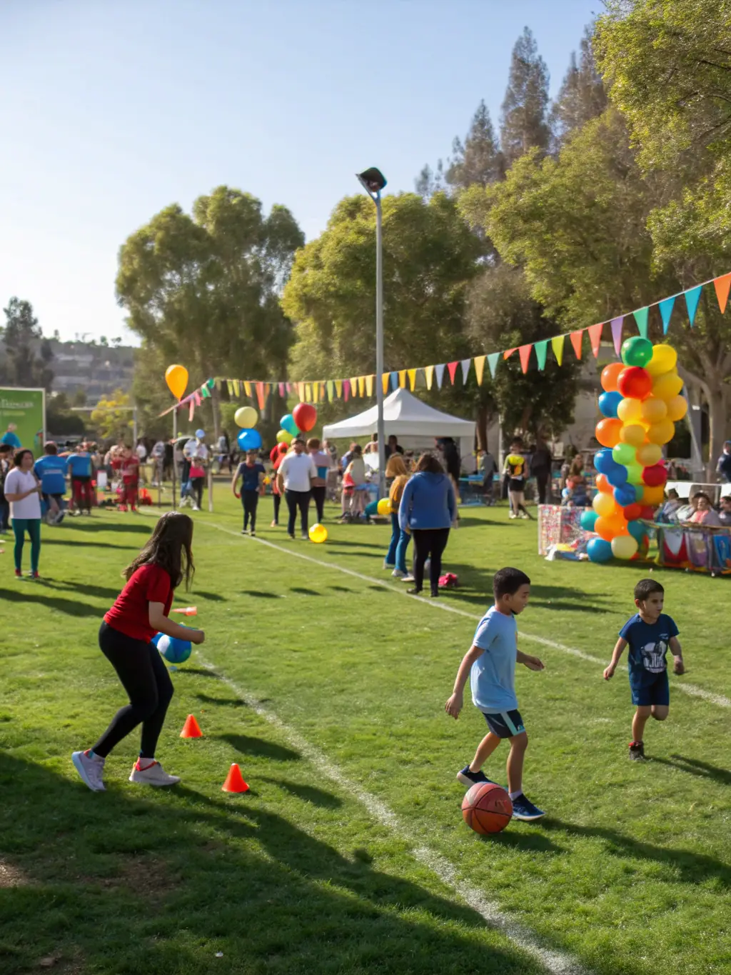 People of various ages participating in a community sports day event, with activities like running races and tug-of-war, promoting community engagement.